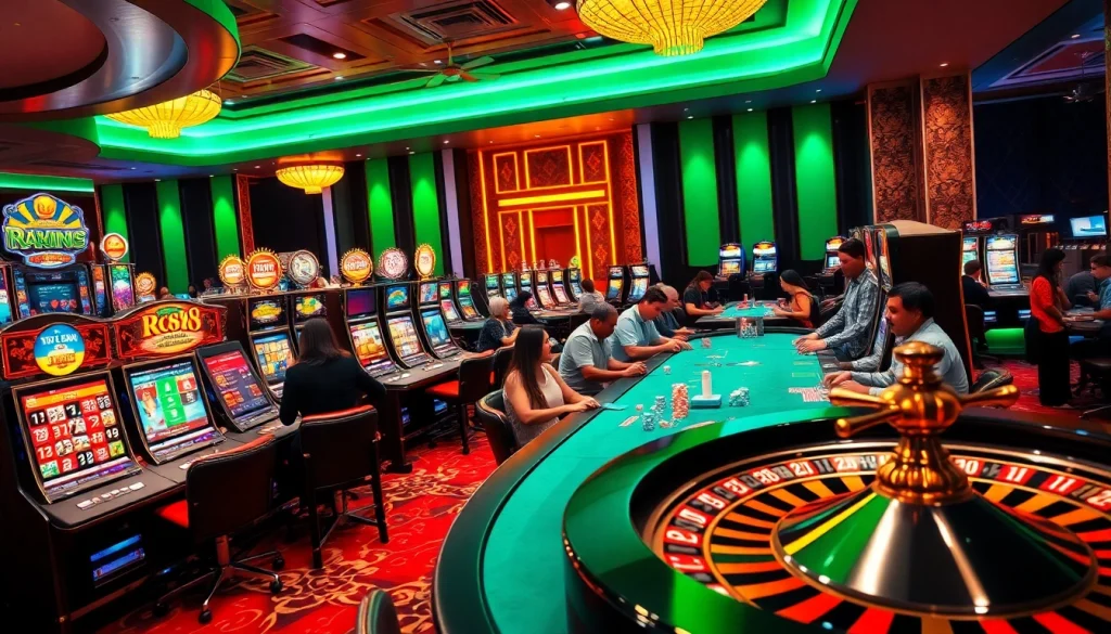 RR88 casino setting with players at vibrant tables and exciting slot machines, embodying a thrilling gambling atmosphere.