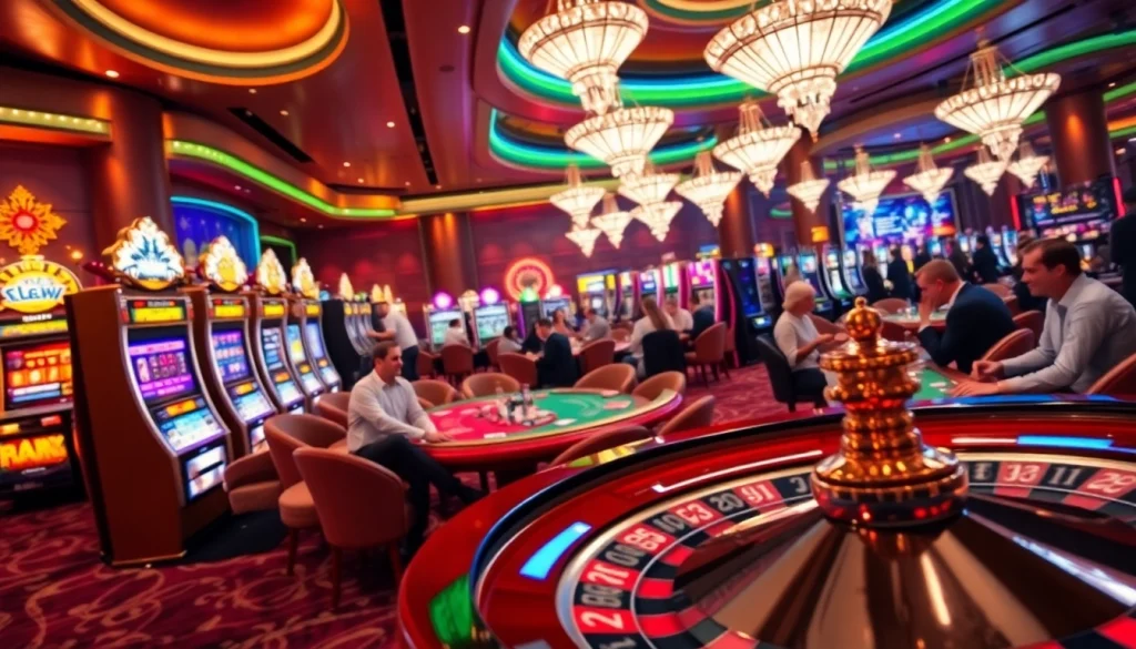 Experience the thrill of gambling at 98wwin with players at elegant casino tables, vibrant slot machines, and winning moments on display.