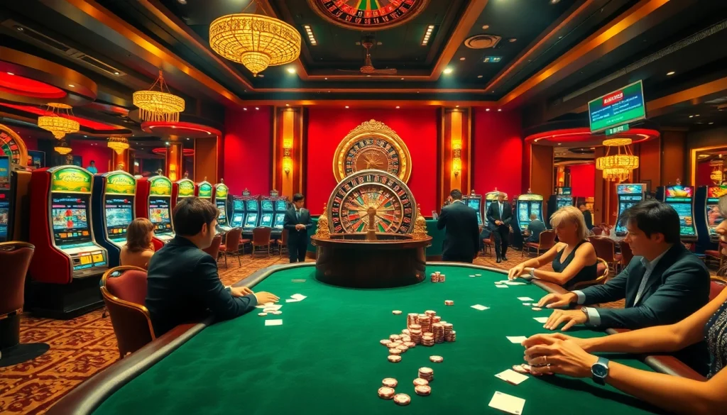 Exciting casino action at https://8xbetvi.us.com/ with players engaged in thrilling games, capturing the essence of high-stakes gambling.
