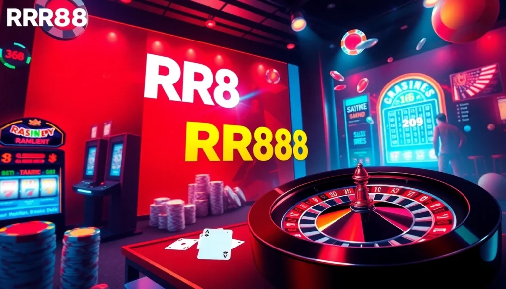 Experience exciting online gaming at RR88, featuring vibrant tables filled with chips, cards, and spinning roulette wheels.
