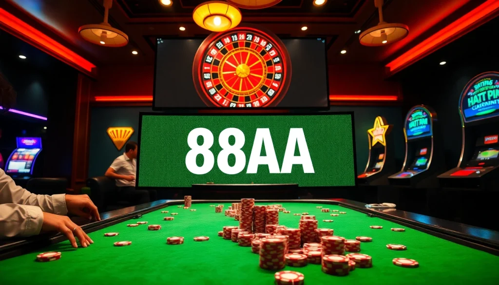 Experience the thrill of gambling at 88AA's vibrant casino, showcasing poker games and roulette action.