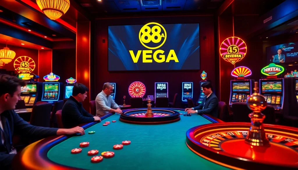 88aa vega invites players to an electrifying casino scene with poker, roulette, and vibrant slot machines.