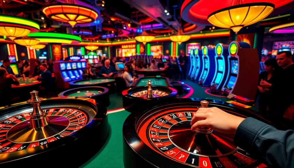 The vibrant atmosphere of a casino showcasing players betting at roulette and poker tables reflects the excitement found at https://789betthailan.com/.