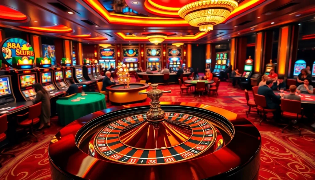 Experience the thrill of gambling at 88AA, featuring an energetic casino scene with roulette and slot machines.