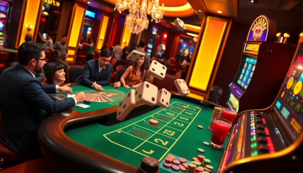 Exciting scene at 13win casino featuring players at blackjack and vibrant slot machines.