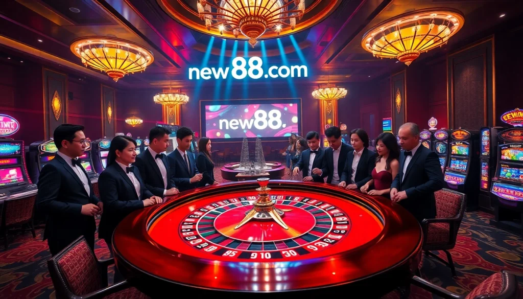A lively casino scene at night with players around a roulette table, showcasing excitement and the essence of new88siam com.
