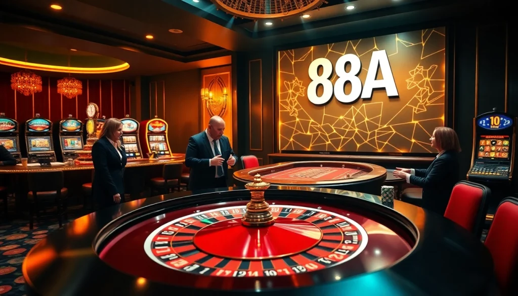 88AA banners enhance the ambiance of an opulent casino, showcasing high-stakes roulette excitement.