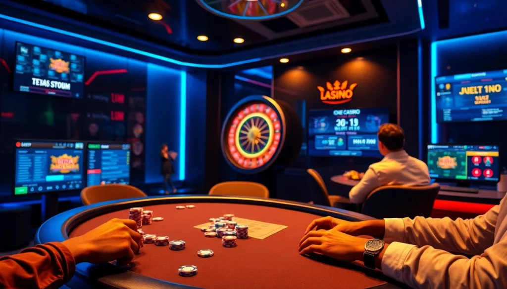 Players immerse themselves in thrilling poker games at https://f168.team, surrounded by vibrant casino settings.