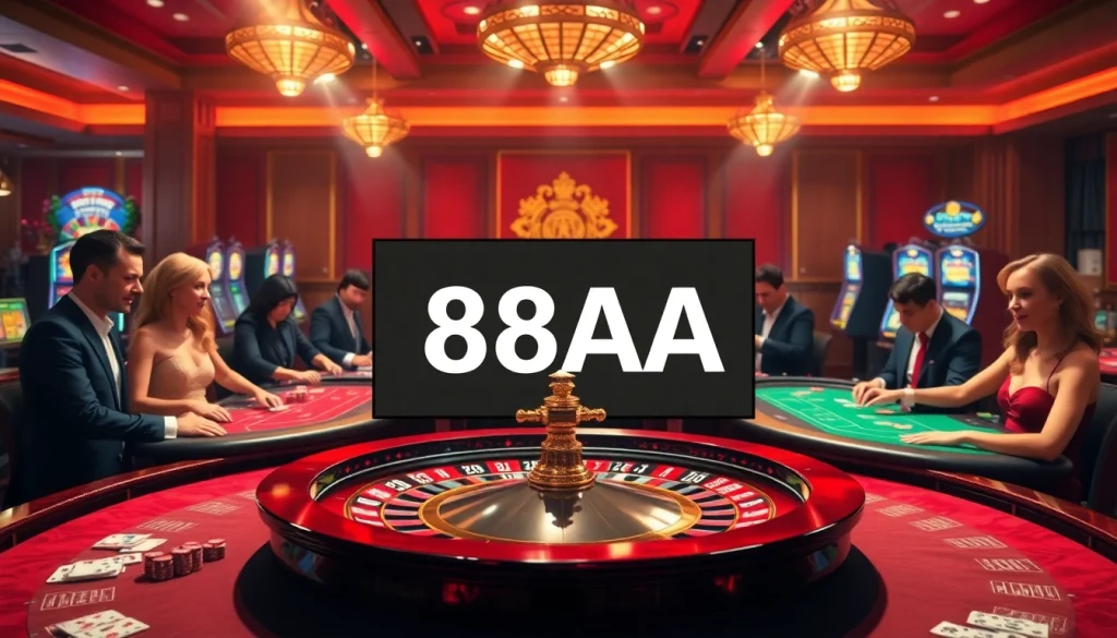 Experience the excitement of 88AA at a bustling casino with vibrant tables, cards, and players.