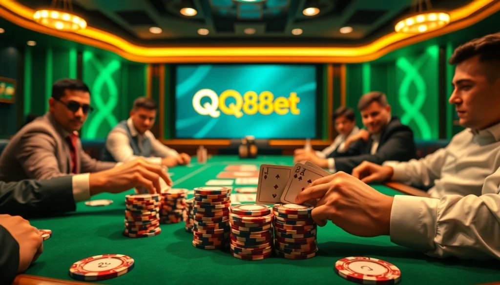 Experience the thrill of poker at QQ88bet casino, showcasing players and vibrant chips.