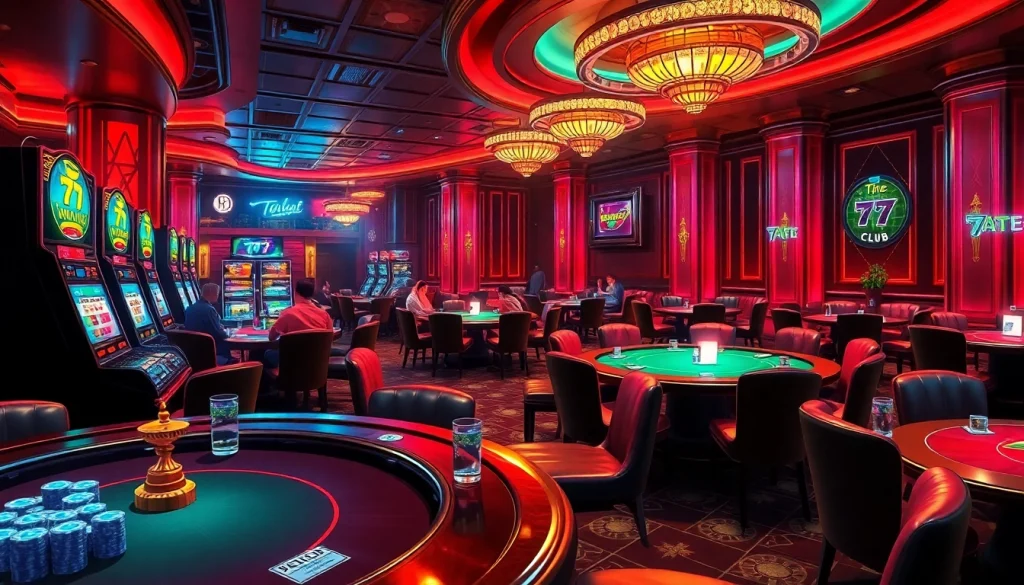 79 club casino environment highlighting lively poker games and vibrant slot machines.